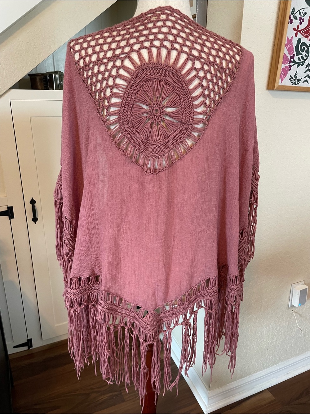 Boho Crochet Back Open Front Kimono Fringe Poncho Cardigan Mauve L (M-XL)